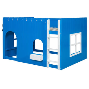 English Elm Full Size Kids Loft Bed Cottage House Style with LED Lights and Fence Railings Blue LT000294AAC