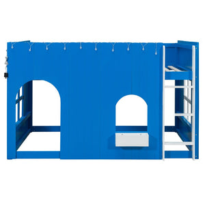 English Elm Full Size Kids Loft Bed Cottage House Style with LED Lights and Fence Railings Blue LT000294AAC