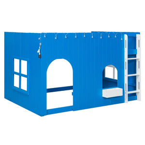 English Elm Full Size Kids Loft Bed Cottage House Style with LED Lights and Fence Railings Blue LT000294AAC