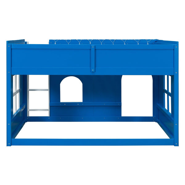 English Elm Full Size Kids Loft Bed Cottage House Style with LED Lights and Fence Railings Blue LT000294AAC