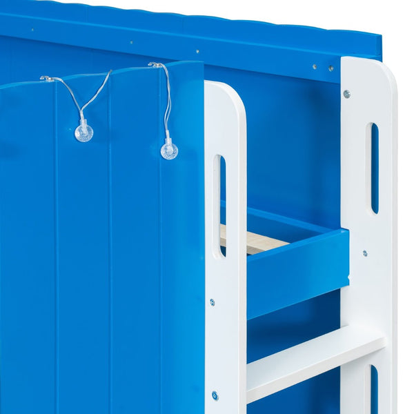 English Elm Full Size Kids Loft Bed Cottage House Style with LED Lights and Fence Railings Blue LT000294AAC