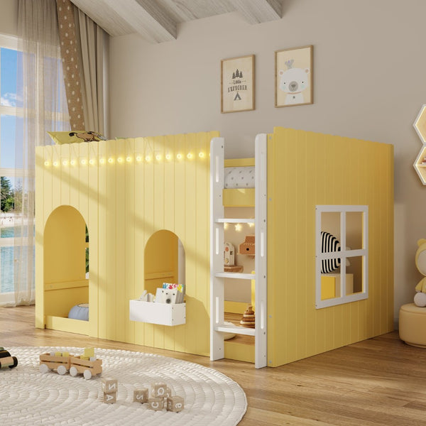 English Elm Full Size Kids Loft Bed Cottage House Style with LED Lights and Fence Railings Yellow LT000294AAL