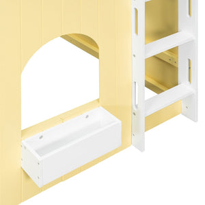 English Elm Full Size Kids Loft Bed Cottage House Style with LED Lights and Fence Railings Yellow LT000294AAL