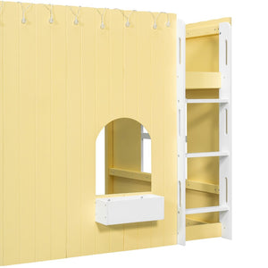 English Elm Full Size Kids Loft Bed Cottage House Style with LED Lights and Fence Railings Yellow LT000294AAL