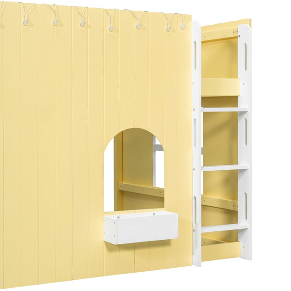 English Elm Full Size Kids Loft Bed Cottage House Style with LED Lights and Fence Railings Yellow LT000294AAL
