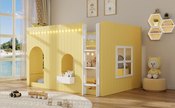 English Elm Full Size Kids Loft Bed Cottage House Style with LED Lights and Fence Railings Yellow LT000294AAL