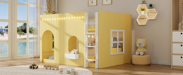 English Elm Full Size Kids Loft Bed Cottage House Style with LED Lights and Fence Railings Yellow LT000294AAL