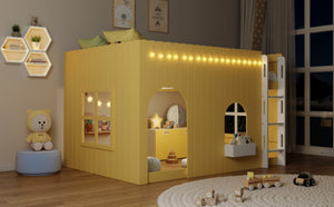 English Elm Full Size Kids Loft Bed Cottage House Style with LED Lights and Fence Railings Yellow LT000294AAL