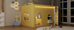 English Elm Full Size Kids Loft Bed Cottage House Style with LED Lights and Fence Railings Yellow LT000294AAL