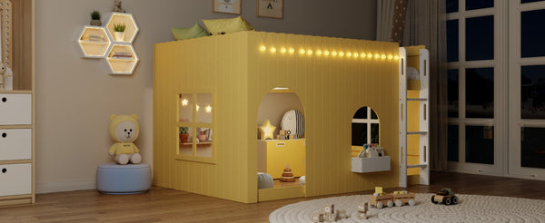 English Elm Full Size Kids Loft Bed Cottage House Style with LED Lights and Fence Railings Yellow LT000294AAL