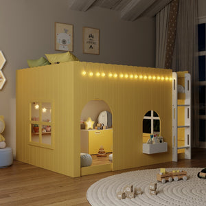 English Elm Full Size Kids Loft Bed Cottage House Style with LED Lights and Fence Railings Yellow LT000294AAL