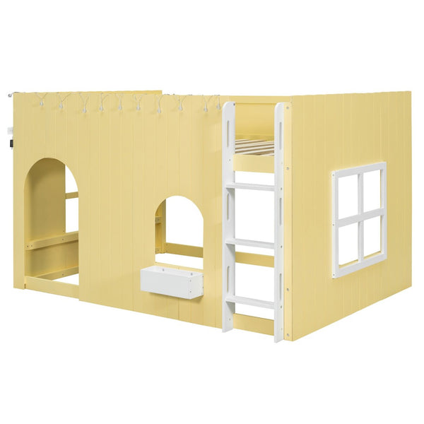 English Elm Full Size Kids Loft Bed Cottage House Style with LED Lights and Fence Railings Yellow LT000294AAL
