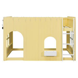 English Elm Full Size Kids Loft Bed Cottage House Style with LED Lights and Fence Railings Yellow LT000294AAL