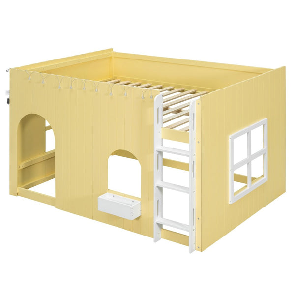 English Elm Full Size Kids Loft Bed Cottage House Style with LED Lights and Fence Railings Yellow LT000294AAL