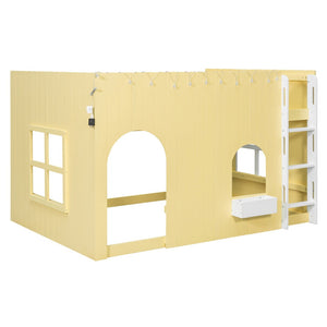 English Elm Full Size Kids Loft Bed Cottage House Style with LED Lights and Fence Railings Yellow LT000294AAL