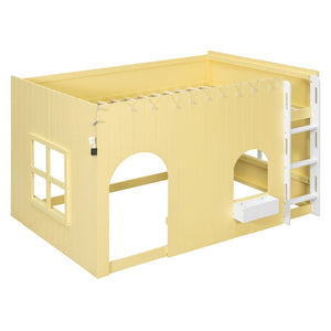 English Elm Full Size Kids Loft Bed Cottage House Style with LED Lights and Fence Railings Yellow LT000294AAL