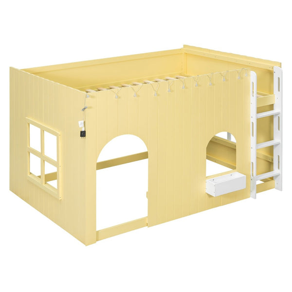 English Elm Full Size Kids Loft Bed Cottage House Style with LED Lights and Fence Railings Yellow LT000294AAL