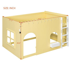 English Elm Full Size Kids Loft Bed Cottage House Style with LED Lights and Fence Railings Yellow LT000294AAL