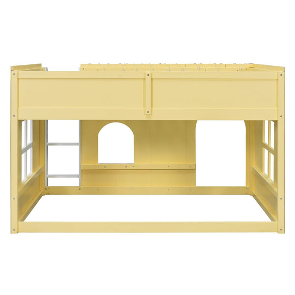 English Elm Full Size Kids Loft Bed Cottage House Style with LED Lights and Fence Railings Yellow LT000294AAL