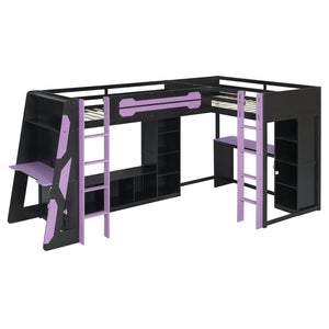 English Elm L-shaped Twin Bunk Gaming Bed with Rgb Lights Usb Ports Storage and Corner Space LT000295AAI