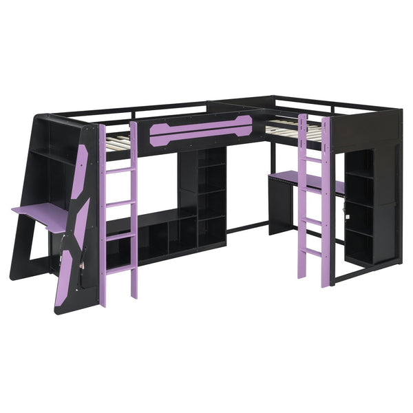 English Elm L-shaped Twin Bunk Gaming Bed with Rgb Lights Usb Ports Storage and Corner Space LT000295AAI