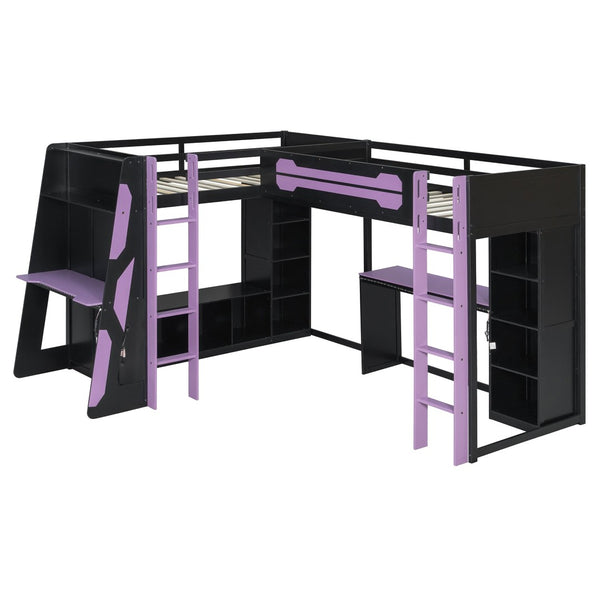 English Elm L-shaped Twin Bunk Gaming Bed with Rgb Lights Usb Ports Storage and Corner Space LT000295AAI