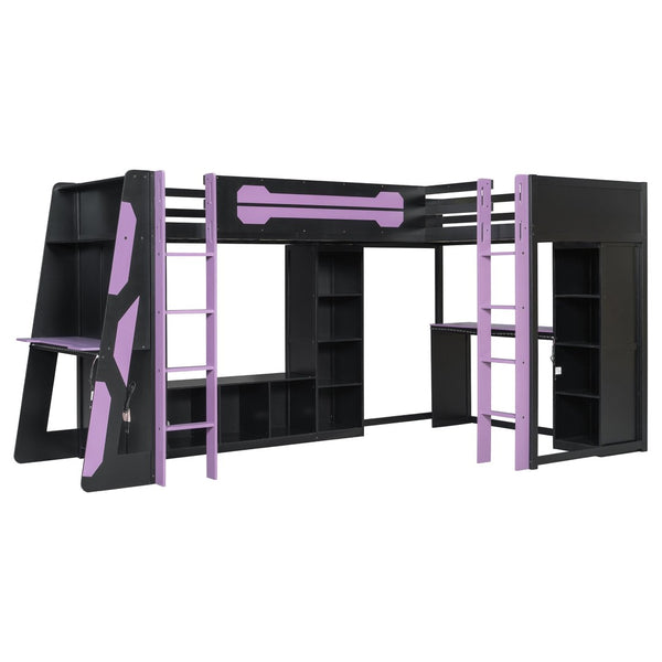 English Elm L-shaped Twin Bunk Gaming Bed with Rgb Lights Usb Ports Storage and Corner Space LT000295AAI