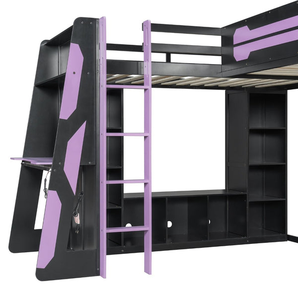 English Elm L-shaped Twin Bunk Gaming Bed with Rgb Lights Usb Ports Storage and Corner Space LT000295AAI