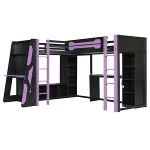 English Elm L-shaped Twin Bunk Gaming Bed with Rgb Lights Usb Ports Storage and Corner Space LT000295AAI