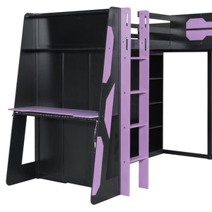 English Elm L-shaped Twin Bunk Gaming Bed with Rgb Lights Usb Ports Storage and Corner Space LT000295AAI