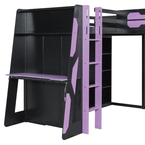 English Elm L-shaped Twin Bunk Gaming Bed with Rgb Lights Usb Ports Storage and Corner Space LT000295AAI