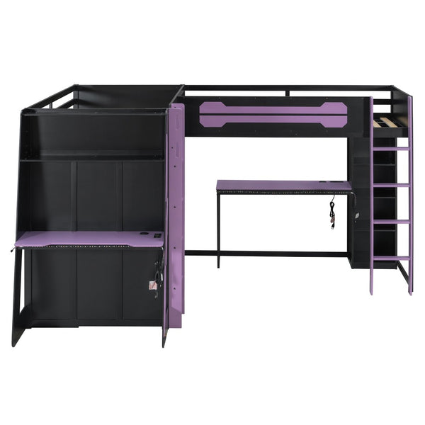 English Elm L-shaped Twin Bunk Gaming Bed with Rgb Lights Usb Ports Storage and Corner Space LT000295AAI