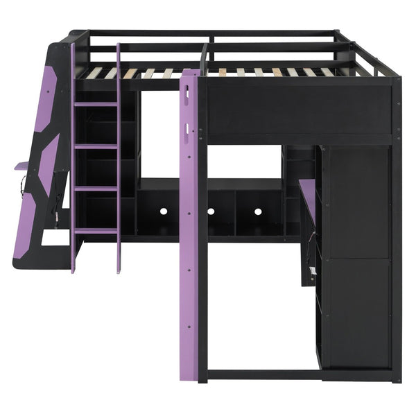 English Elm L-shaped Twin Bunk Gaming Bed with Rgb Lights Usb Ports Storage and Corner Space LT000295AAI