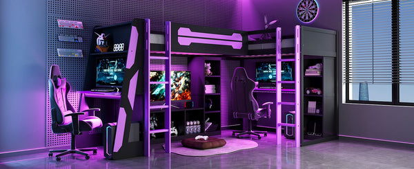 English Elm L-shaped Twin Bunk Gaming Bed with Rgb Lights Usb Ports Storage and Corner Space LT000295AAI