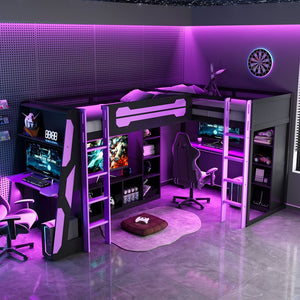 English Elm L-shaped Twin Bunk Gaming Bed with Rgb Lights Usb Ports Storage and Corner Space LT000295AAI
