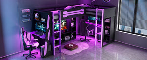 English Elm L-shaped Twin Bunk Gaming Bed with Rgb Lights Usb Ports Storage and Corner Space LT000295AAI