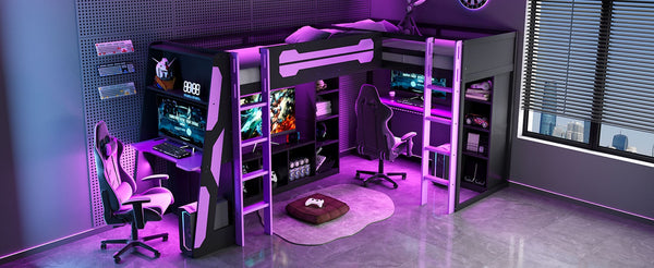 English Elm L-shaped Twin Bunk Gaming Bed with Rgb Lights Usb Ports Storage and Corner Space LT000295AAI