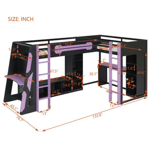 English Elm L-shaped Twin Bunk Gaming Bed with Rgb Lights Usb Ports Storage and Corner Space LT000295AAI