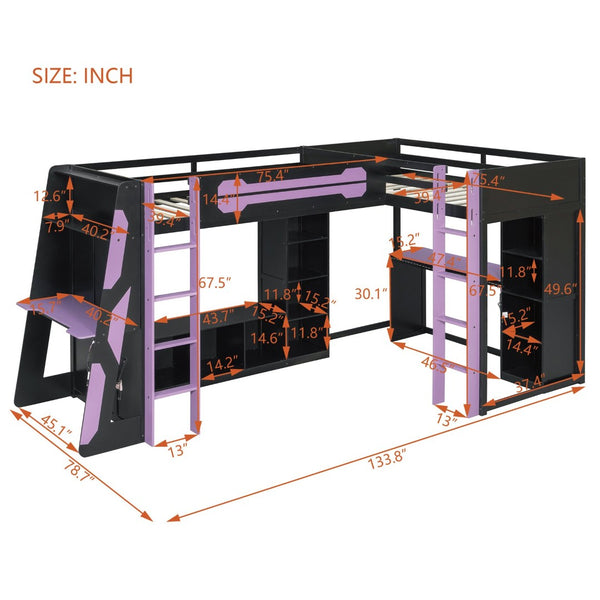 English Elm L-shaped Twin Bunk Gaming Bed with Rgb Lights Usb Ports Storage and Corner Space LT000295AAI