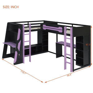 English Elm L-shaped Twin Bunk Gaming Bed with Rgb Lights Usb Ports Storage and Corner Space LT000295AAI