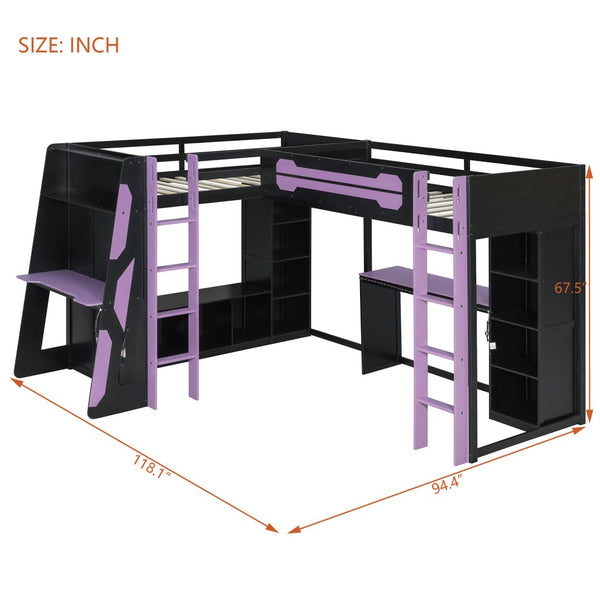 English Elm L-shaped Twin Bunk Gaming Bed with Rgb Lights Usb Ports Storage and Corner Space LT000295AAI