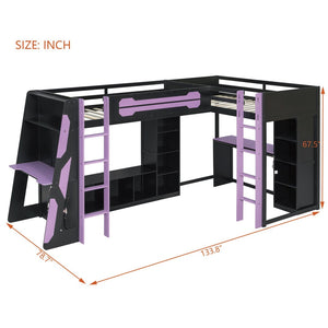 English Elm L-shaped Twin Bunk Gaming Bed with Rgb Lights Usb Ports Storage and Corner Space LT000295AAI