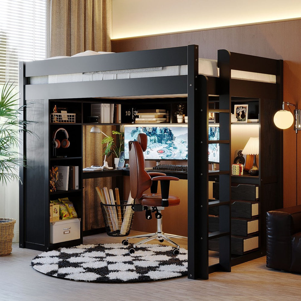 English Elm Full Size Ash Veneer Loft Bed with L Shaped Desk Drawers and Smart LED Lighting Black LT000326AAB