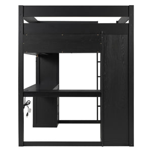 English Elm Full Size Ash Veneer Loft Bed with L Shaped Desk Drawers and Smart LED Lighting Black LT000326AAB