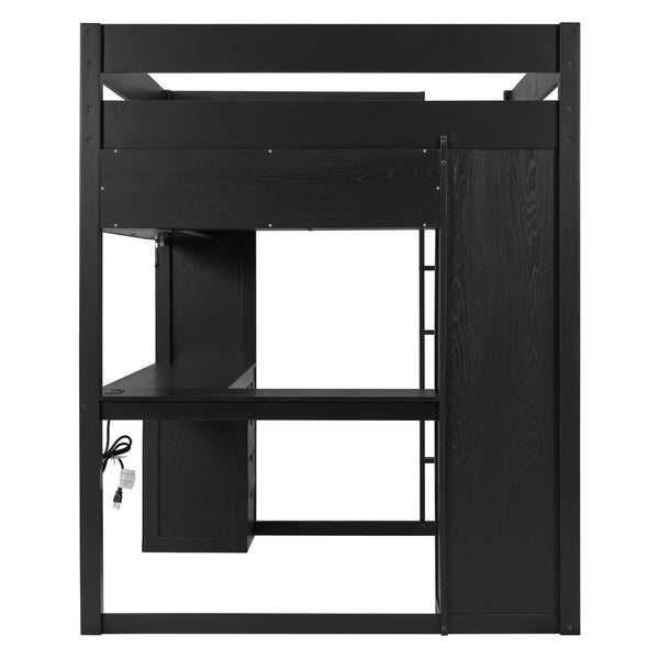 English Elm Full Size Ash Veneer Loft Bed with L Shaped Desk Drawers and Smart LED Lighting Black LT000326AAB
