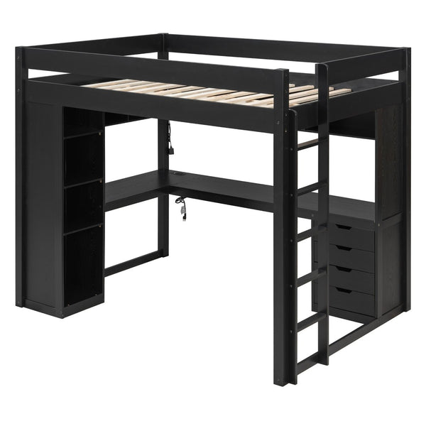 English Elm Full Size Ash Veneer Loft Bed with L Shaped Desk Drawers and Smart LED Lighting Black LT000326AAB