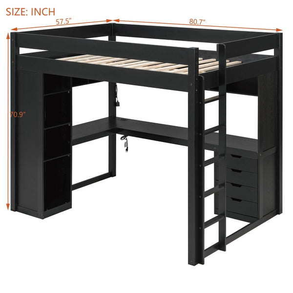 English Elm Full Size Ash Veneer Loft Bed with L Shaped Desk Drawers and Smart LED Lighting Black LT000326AAB