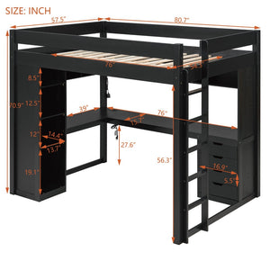 English Elm Full Size Ash Veneer Loft Bed with L Shaped Desk Drawers and Smart LED Lighting Black LT000326AAB