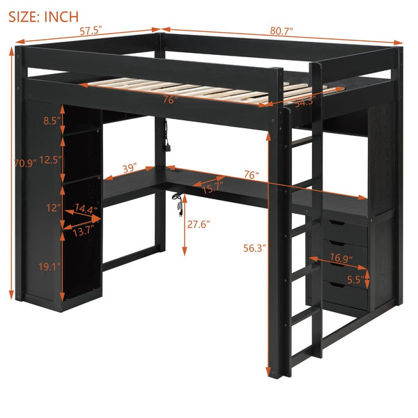 English Elm Full Size Ash Veneer Loft Bed with L Shaped Desk Drawers and Smart LED Lighting Black LT000326AAB