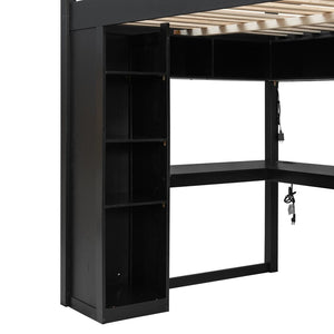 English Elm Full Size Ash Veneer Loft Bed with L Shaped Desk Drawers and Smart LED Lighting Black LT000326AAB